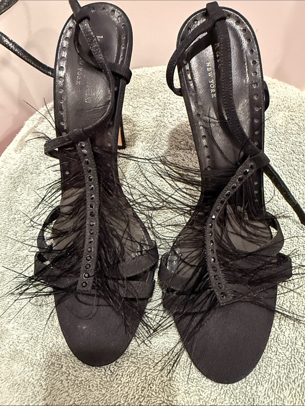 kate spade Black Feather-Trim Strappy High Heels